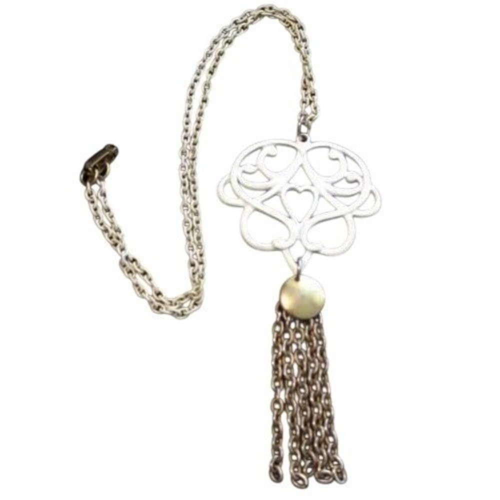 Vintage Beautiful White Enamel &‎ Gold Tone Long Chain & Heart Pendant Necklace